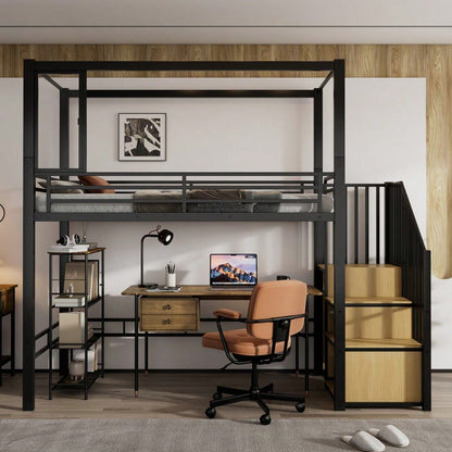 Hochbett, Eisenbett, Eisen + MDF, Treppe mit einer Garderobe und Ablagefächern, Acrylplatte Fenster mit  magnetischer Anziehungskraft, freie Gestaltung der unteren Etage,  Schwar+ Natur