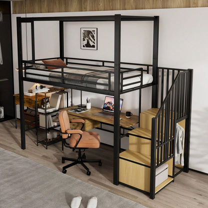 Hochbett, Eisenbett, Eisen + MDF, Treppe mit einer Garderobe und Ablagefächern, Acrylplatte Fenster mit  magnetischer Anziehungskraft, freie Gestaltung der unteren Etage,  Schwar+ Natur