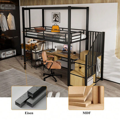 Hochbett, Eisenbett, Eisen + MDF, Treppe mit einer Garderobe und Ablagefächern, Acrylplatte Fenster mit  magnetischer Anziehungskraft, freie Gestaltung der unteren Etage,  Schwar+ Natur