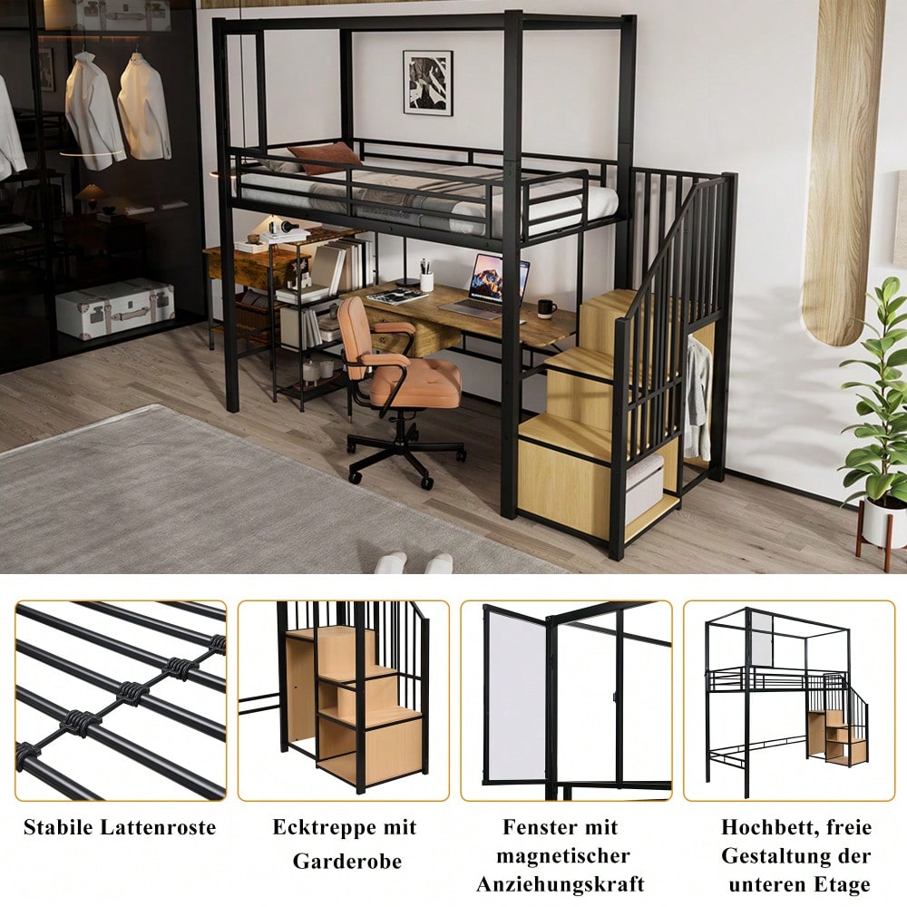 Hochbett, Eisenbett, Eisen + MDF, Treppe mit einer Garderobe und Ablagefächern, Acrylplatte Fenster mit  magnetischer Anziehungskraft, freie Gestaltung der unteren Etage,  Schwar+ Natur