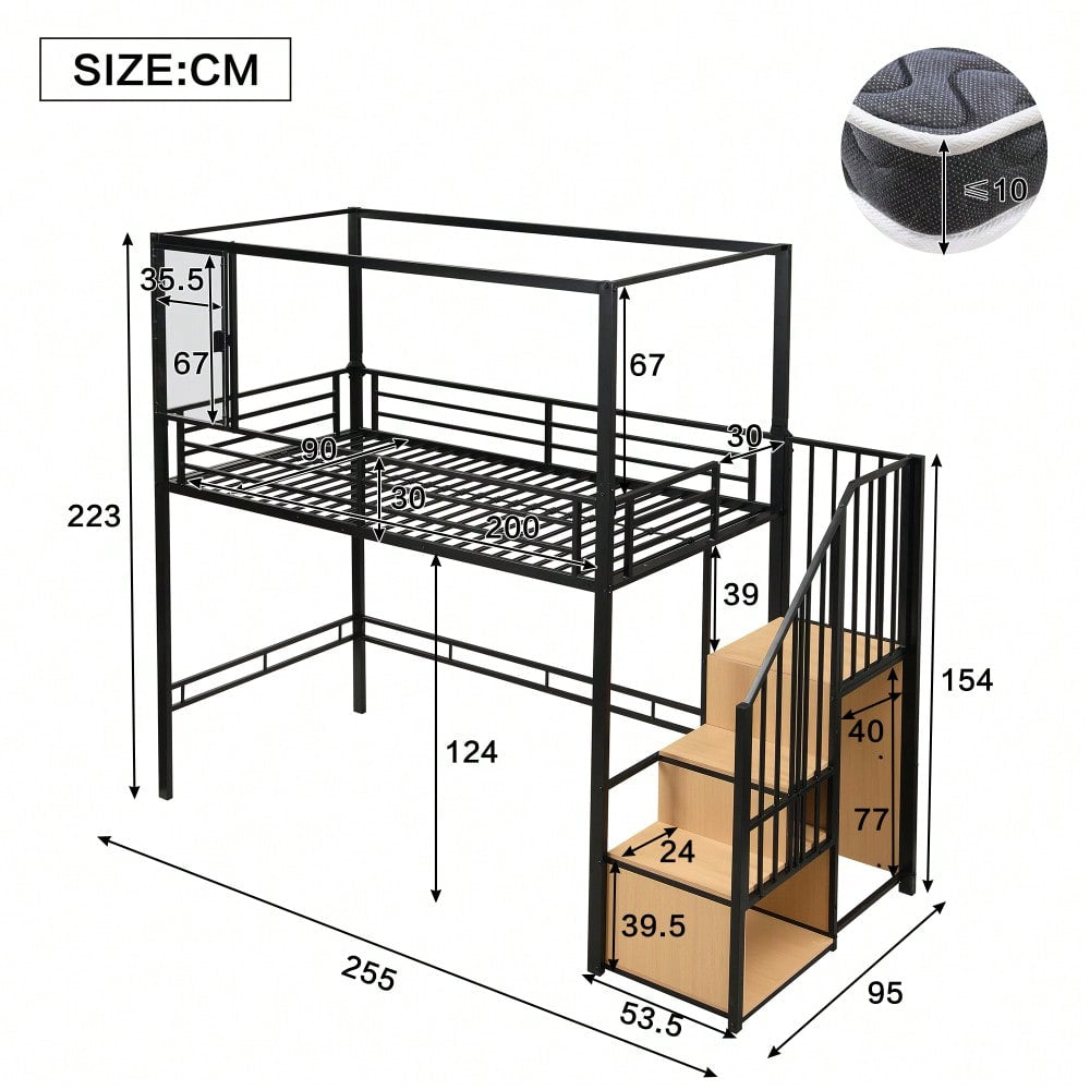 Hochbett, Eisenbett, Eisen + MDF, Treppe mit einer Garderobe und Ablagefächern, Acrylplatte Fenster mit  magnetischer Anziehungskraft, freie Gestaltung der unteren Etage,  Schwar+ Natur