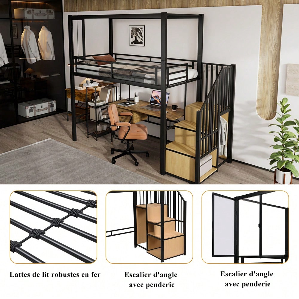 Hochbett, Eisenbett, Eisen + MDF, Treppe mit einer Garderobe und Ablagefächern, Acrylplatte Fenster mit  magnetischer Anziehungskraft, freie Gestaltung der unteren Etage,  Schwar+ Natur