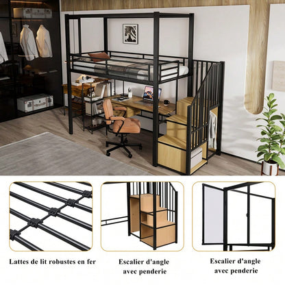 Hochbett, Eisenbett, Eisen + MDF, Treppe mit einer Garderobe und Ablagefächern, Acrylplatte Fenster mit  magnetischer Anziehungskraft, freie Gestaltung der unteren Etage,  Schwar+ Natur