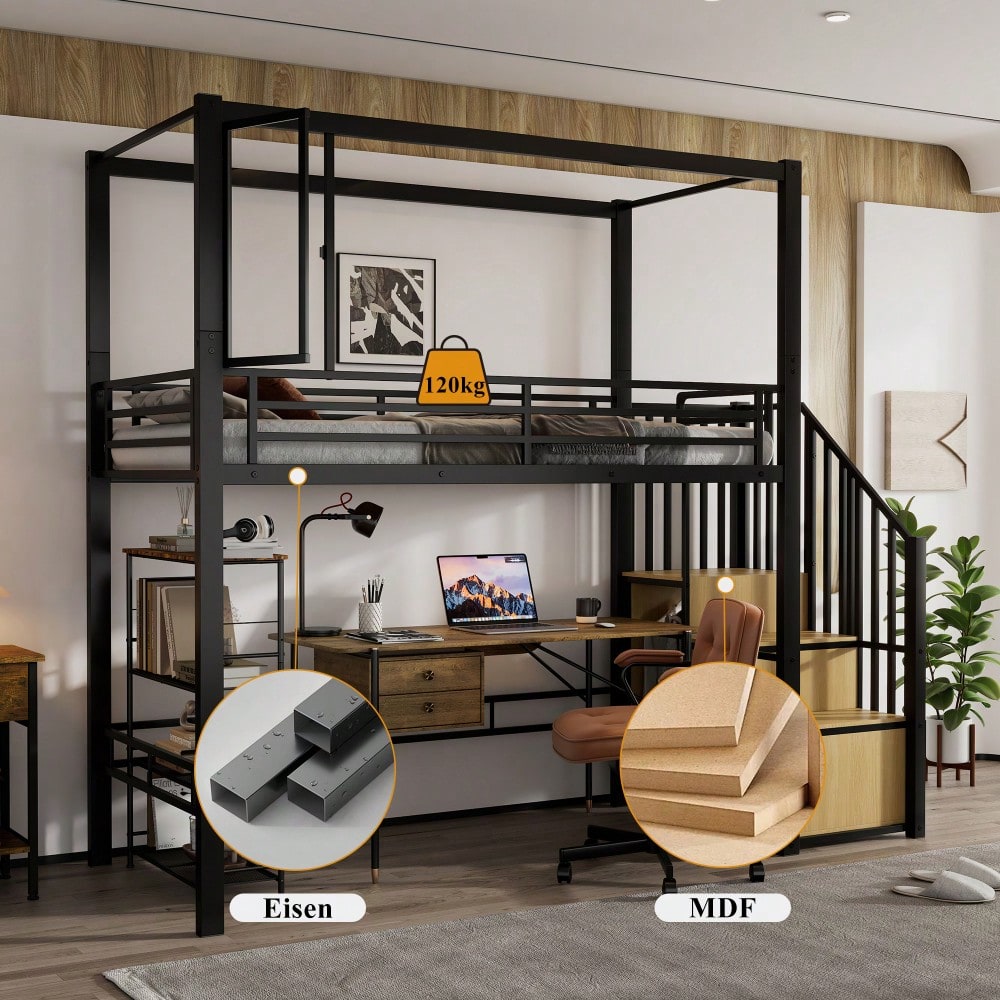 Hochbett, Eisenbett, Eisen + MDF, Treppe mit einer Garderobe und Ablagefächern, Acrylplatte Fenster mit  magnetischer Anziehungskraft, freie Gestaltung der unteren Etage,  Schwar+ Natur