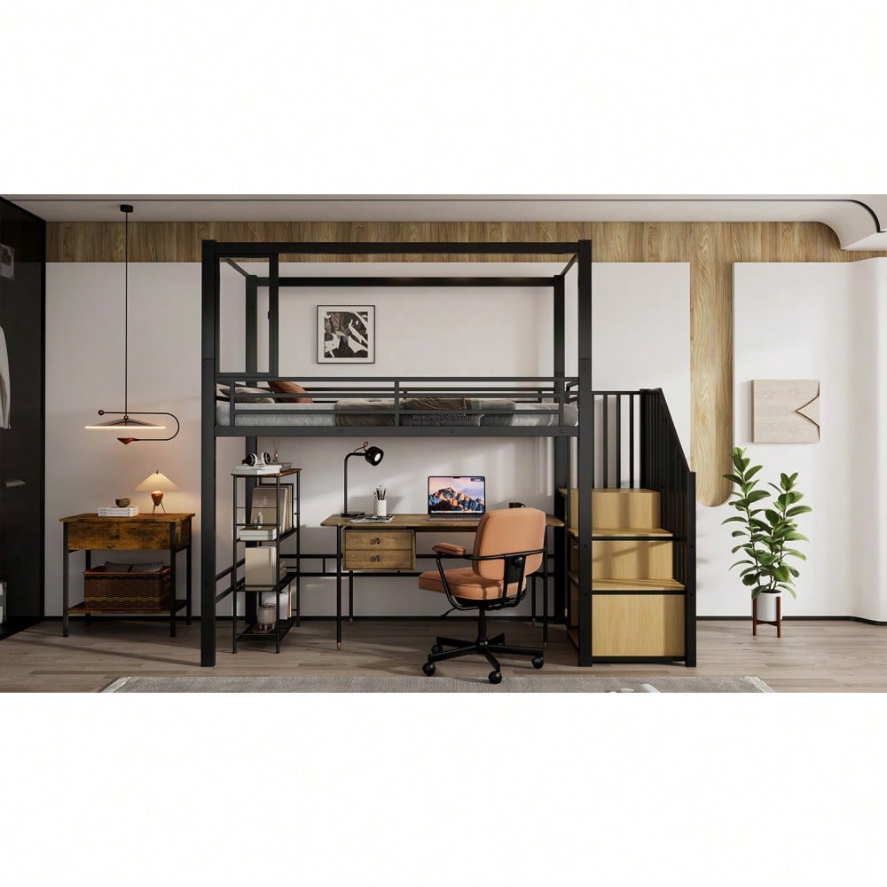 Hochbett, Eisenbett, Eisen + MDF, Treppe mit einer Garderobe und Ablagefächern, Acrylplatte Fenster mit  magnetischer Anziehungskraft, freie Gestaltung der unteren Etage,  Schwar+ Natur