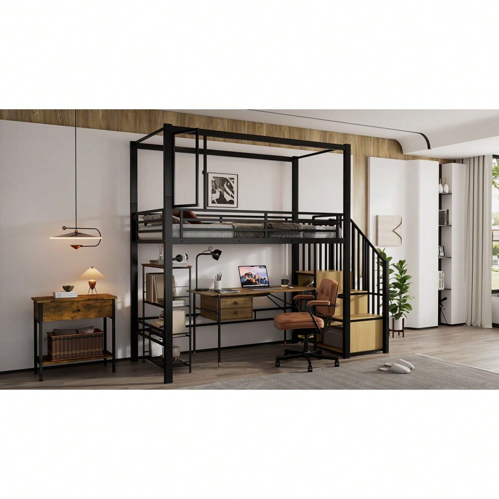 Hochbett, Eisenbett, Eisen + MDF, Treppe mit einer Garderobe und Ablagefächern, Acrylplatte Fenster mit  magnetischer Anziehungskraft, freie Gestaltung der unteren Etage,  Schwar+ Natur
