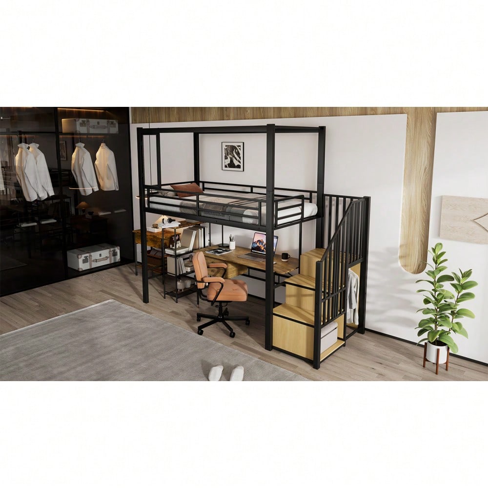 Hochbett, Eisenbett, Eisen + MDF, Treppe mit einer Garderobe und Ablagefächern, Acrylplatte Fenster mit  magnetischer Anziehungskraft, freie Gestaltung der unteren Etage,  Schwar+ Natur