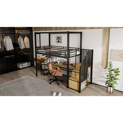 Hochbett, Eisenbett, Eisen + MDF, Treppe mit einer Garderobe und Ablagefächern, Acrylplatte Fenster mit  magnetischer Anziehungskraft, freie Gestaltung der unteren Etage,  Schwar+ Natur