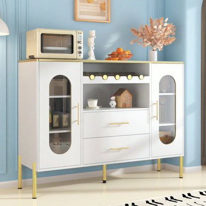 Weißes Sideboard, Glasfronten & Weinregal – Sideboard für Esszimmer & Wohnzimmer – Verstellbarer Fuß – Viel Stauraum & modernes Design