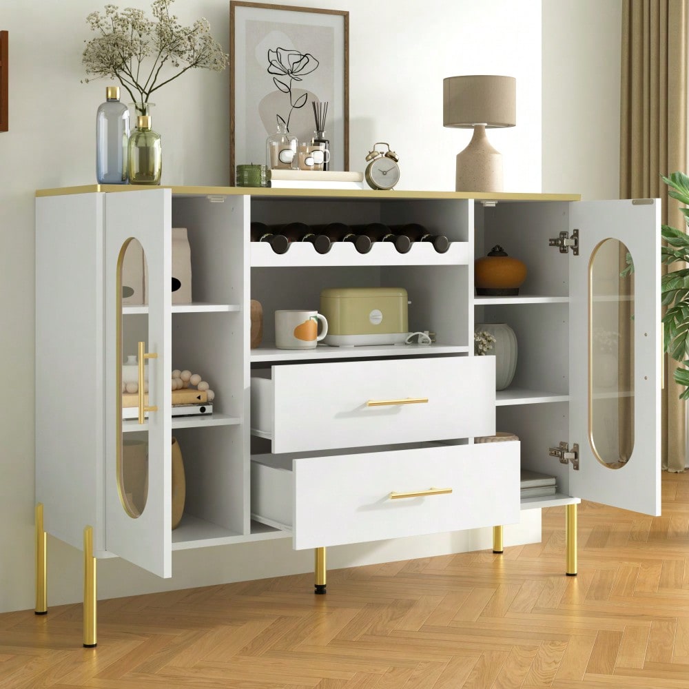 Weißes Sideboard, Glasfronten & Weinregal – Sideboard für Esszimmer & Wohnzimmer – Verstellbarer Fuß – Viel Stauraum & modernes Design