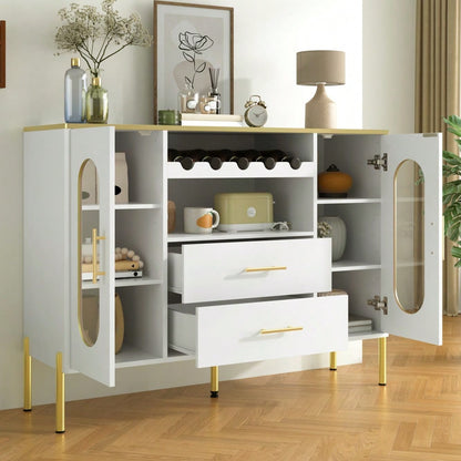 Weißes Sideboard, Glasfronten & Weinregal – Sideboard für Esszimmer & Wohnzimmer – Verstellbarer Fuß – Viel Stauraum & modernes Design
