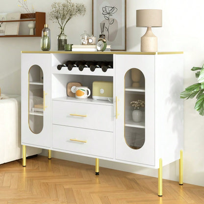Weißes Sideboard, Glasfronten & Weinregal – Sideboard für Esszimmer & Wohnzimmer – Verstellbarer Fuß – Viel Stauraum & modernes Design