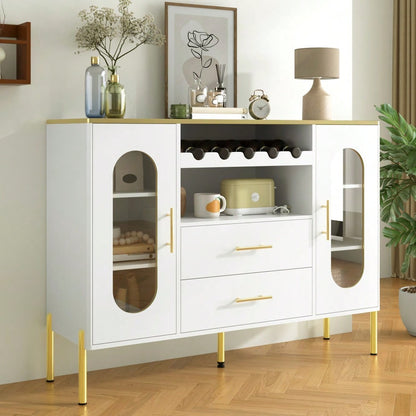 Weißes Sideboard, Glasfronten & Weinregal – Sideboard für Esszimmer & Wohnzimmer – Verstellbarer Fuß – Viel Stauraum & modernes Design