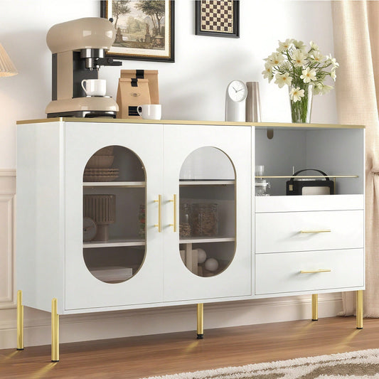 Eleganter Sideboard-Schrank mit 2 Schubladen & 2 Glastüren – Moderne Kommode in Weiß mit Goldakzenten – Viel Stauraum – Für Wohnzimmer, Esszimmer, Flur