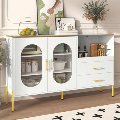 Eleganter Sideboard-Schrank mit 2 Schubladen & 2 Glastüren – Moderne Kommode in Weiß mit Goldakzenten – Viel Stauraum – Für Wohnzimmer, Esszimmer, Flur