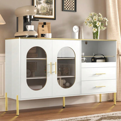 Eleganter Sideboard-Schrank mit 2 Schubladen & 2 Glastüren – Moderne Kommode in Weiß mit Goldakzenten – Viel Stauraum – Für Wohnzimmer, Esszimmer, Flur