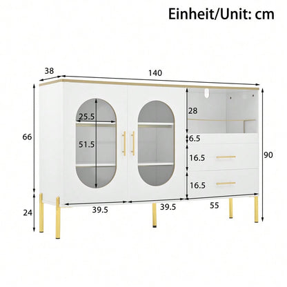 Eleganter Sideboard-Schrank mit 2 Schubladen & 2 Glastüren – Moderne Kommode in Weiß mit Goldakzenten – Viel Stauraum – Für Wohnzimmer, Esszimmer, Flur