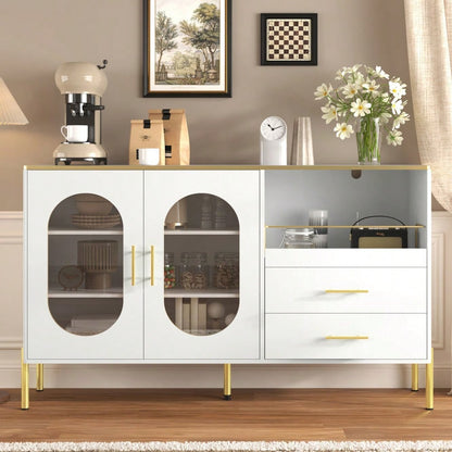 Eleganter Sideboard-Schrank mit 2 Schubladen & 2 Glastüren – Moderne Kommode in Weiß mit Goldakzenten – Viel Stauraum – Für Wohnzimmer, Esszimmer, Flur