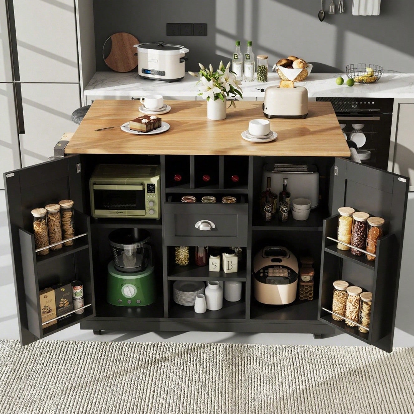 Kücheninsel, Esszimmerwagen mit Arbeitsplatte, Buffetschrank, Esszimmerwagen mit Holzmaserung, seitlicher Handtuchhalter, mit Weinregal, mit Rollen, schwarz