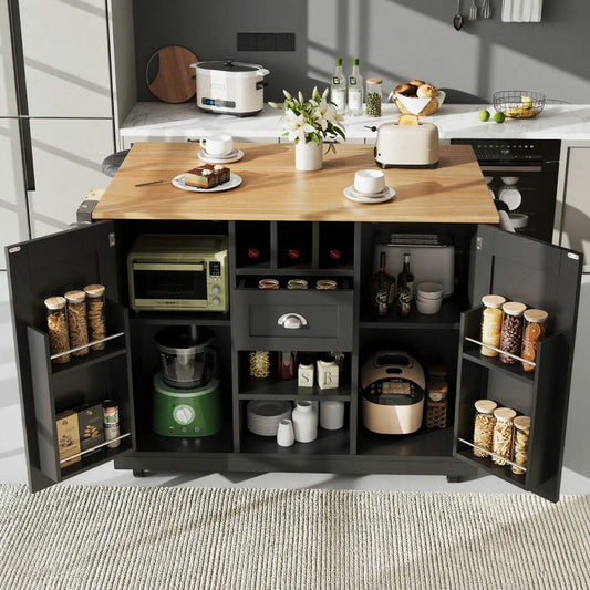 Kücheninsel, Esszimmerwagen mit Arbeitsplatte, Buffetschrank, Esszimmerwagen mit Holzmaserung, seitlicher Handtuchhalter, mit Weinregal, mit Rollen, schwarz