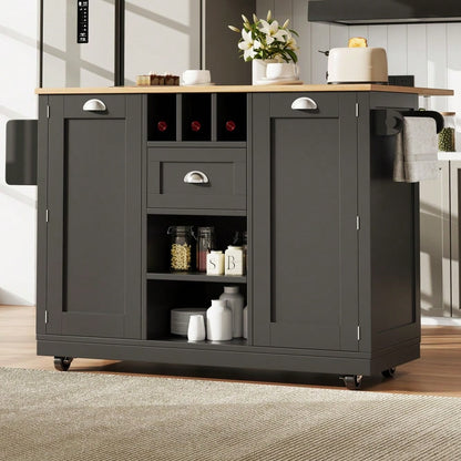 Kücheninsel, Esszimmerwagen mit Arbeitsplatte, Buffetschrank, Esszimmerwagen mit Holzmaserung, seitlicher Handtuchhalter, mit Weinregal, mit Rollen, schwarz