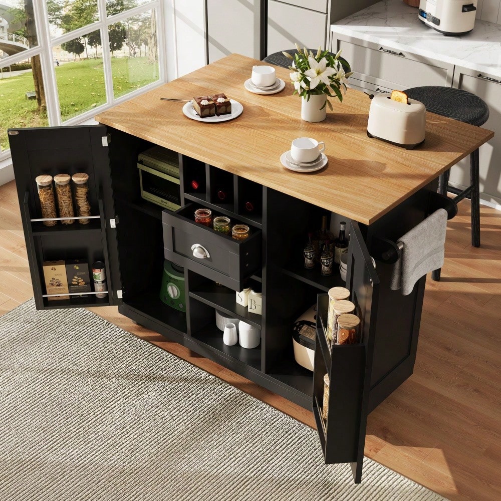 Kücheninsel, Esszimmerwagen mit Arbeitsplatte, Buffetschrank, Esszimmerwagen mit Holzmaserung, seitlicher Handtuchhalter, mit Weinregal, mit Rollen, schwarz