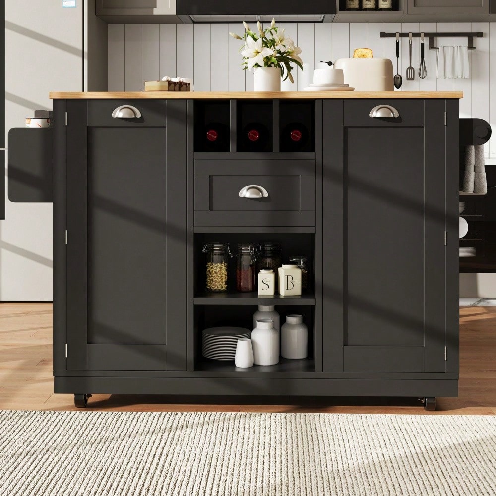 Kücheninsel, Esszimmerwagen mit Arbeitsplatte, Buffetschrank, Esszimmerwagen mit Holzmaserung, seitlicher Handtuchhalter, mit Weinregal, mit Rollen, schwarz