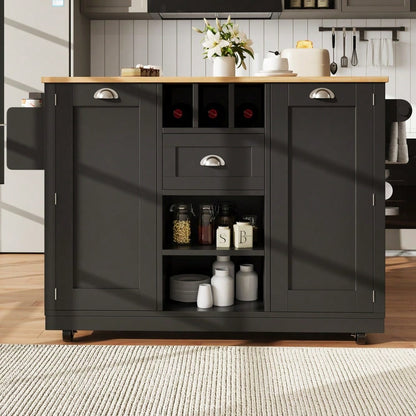 Kücheninsel, Esszimmerwagen mit Arbeitsplatte, Buffetschrank, Esszimmerwagen mit Holzmaserung, seitlicher Handtuchhalter, mit Weinregal, mit Rollen, schwarz