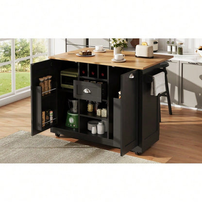Kücheninsel, Esszimmerwagen mit Arbeitsplatte, Buffetschrank, Esszimmerwagen mit Holzmaserung, seitlicher Handtuchhalter, mit Weinregal, mit Rollen, schwarz