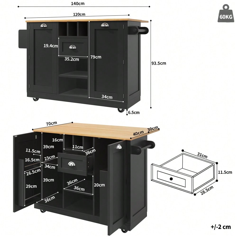 Kücheninsel, Esszimmerwagen mit Arbeitsplatte, Buffetschrank, Esszimmerwagen mit Holzmaserung, seitlicher Handtuchhalter, mit Weinregal, mit Rollen, schwarz