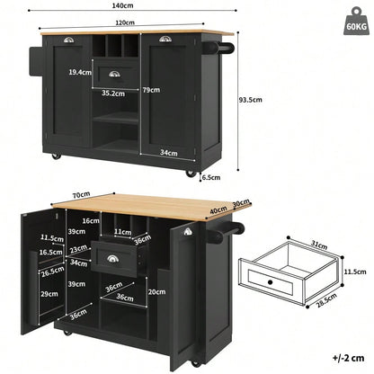 Kücheninsel, Esszimmerwagen mit Arbeitsplatte, Buffetschrank, Esszimmerwagen mit Holzmaserung, seitlicher Handtuchhalter, mit Weinregal, mit Rollen, schwarz