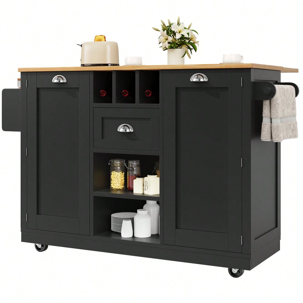 Kücheninsel, Esszimmerwagen mit Arbeitsplatte, Buffetschrank, Esszimmerwagen mit Holzmaserung, seitlicher Handtuchhalter, mit Weinregal, mit Rollen, schwarz