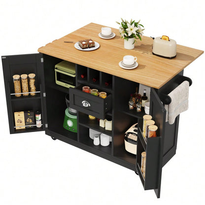 Kücheninsel, Esszimmerwagen mit Arbeitsplatte, Buffetschrank, Esszimmerwagen mit Holzmaserung, seitlicher Handtuchhalter, mit Weinregal, mit Rollen, schwarz