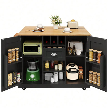 Kücheninsel, Esszimmerwagen mit Arbeitsplatte, Buffetschrank, Esszimmerwagen mit Holzmaserung, seitlicher Handtuchhalter, mit Weinregal, mit Rollen, schwarz