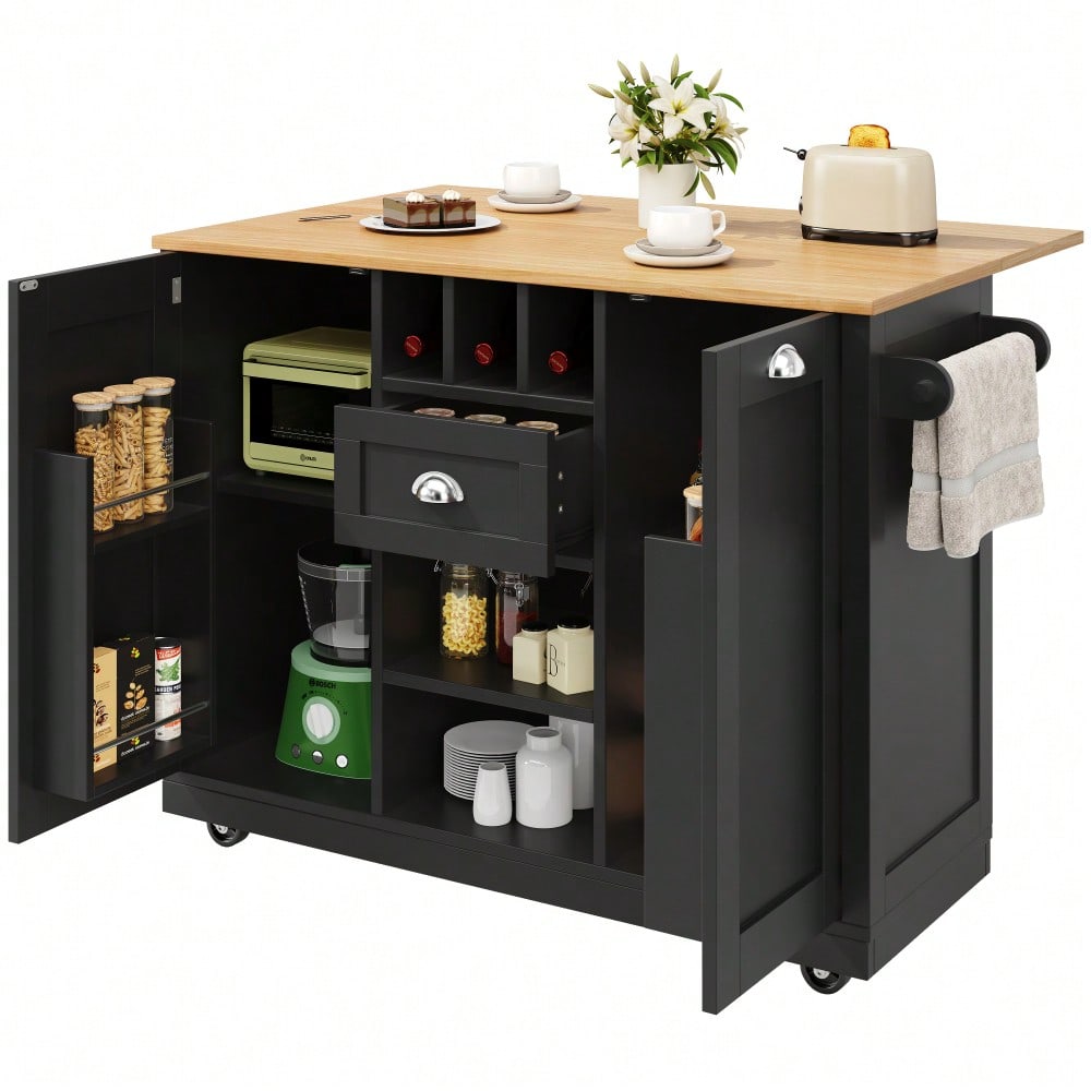 Kücheninsel, Esszimmerwagen mit Arbeitsplatte, Buffetschrank, Esszimmerwagen mit Holzmaserung, seitlicher Handtuchhalter, mit Weinregal, mit Rollen, schwarz
