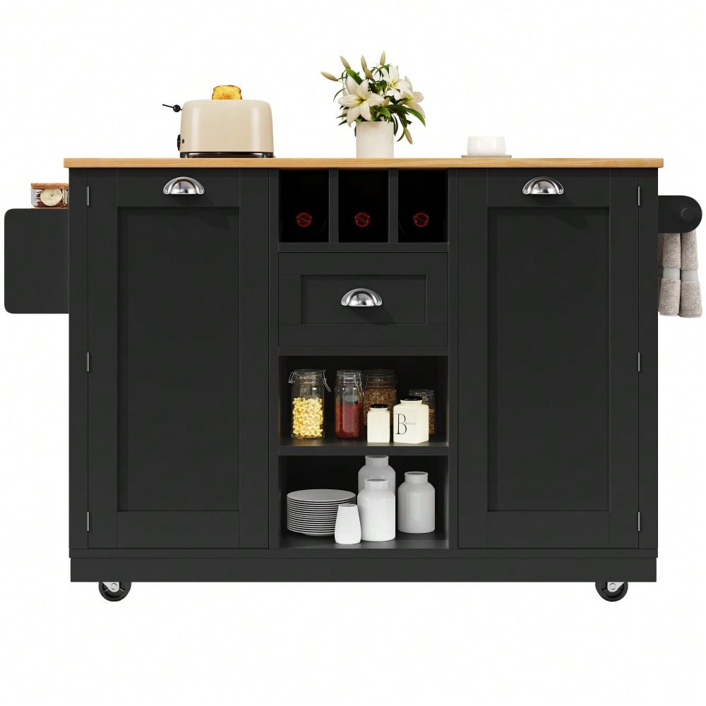 Kücheninsel, Esszimmerwagen mit Arbeitsplatte, Buffetschrank, Esszimmerwagen mit Holzmaserung, seitlicher Handtuchhalter, mit Weinregal, mit Rollen, schwarz
