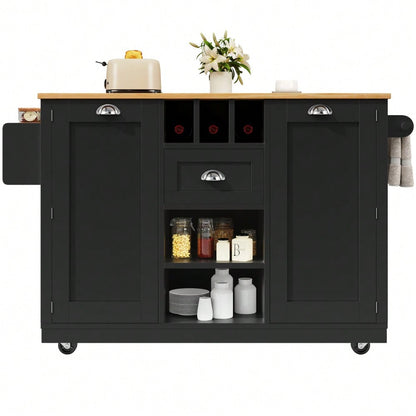 Kücheninsel, Esszimmerwagen mit Arbeitsplatte, Buffetschrank, Esszimmerwagen mit Holzmaserung, seitlicher Handtuchhalter, mit Weinregal, mit Rollen, schwarz