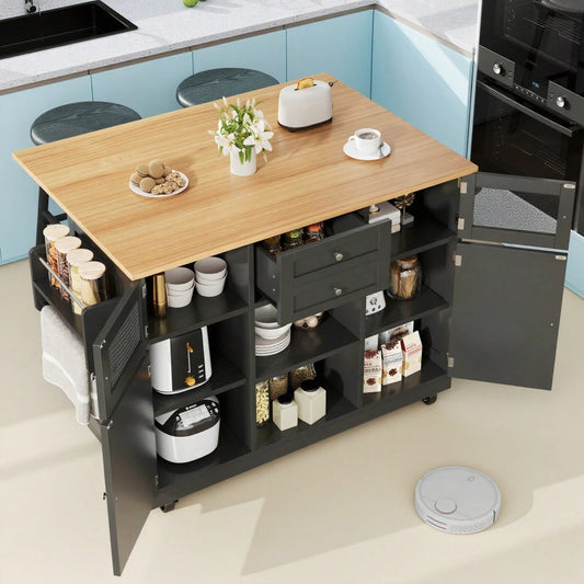 Kücheninsel, Esszimmerwagen mit Arbeitsplatte, Buffetschrank, Esszimmerwagen mit Holzmaserung, seitlicher Handtuchhalter, dreidimensionale Schranktüren mit Rollen, verstellbare Trennwände, Schwarz