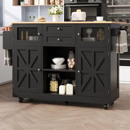 Kücheninsel, Esszimmerwagen mit Arbeitsplatte, Buffetschrank, Esszimmerwagen mit Holzmaserung, seitlicher Handtuchhalter, dreidimensionale Schranktüren mit Rollen, verstellbare Trennwände, Schwarz