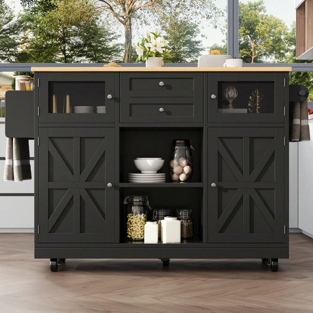 Kücheninsel, Esszimmerwagen mit Arbeitsplatte, Buffetschrank, Esszimmerwagen mit Holzmaserung, seitlicher Handtuchhalter, dreidimensionale Schranktüren mit Rollen, verstellbare Trennwände, Schwarz