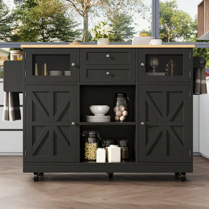 Kücheninsel, Esszimmerwagen mit Arbeitsplatte, Buffetschrank, Esszimmerwagen mit Holzmaserung, seitlicher Handtuchhalter, dreidimensionale Schranktüren mit Rollen, verstellbare Trennwände, Schwarz
