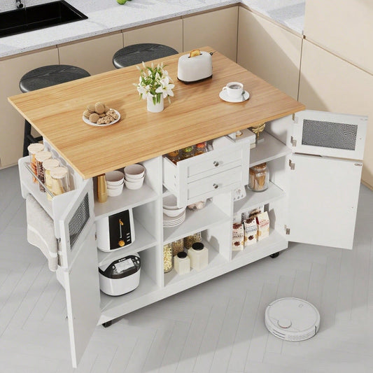 Kücheninsel, Esszimmerwagen mit Arbeitsplatte, Buffetschrank, Esszimmerwagen mit Holzmaserung, seitlicher Handtuchhalter, dreidimensionale Schranktüren mit Rollen, verstellbare Trennwände, weiß