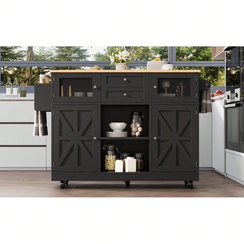 Kücheninsel, Esszimmerwagen mit Arbeitsplatte, Buffetschrank, Esszimmerwagen mit Holzmaserung, seitlicher Handtuchhalter, dreidimensionale Schranktüren mit Rollen, verstellbare Trennwände, Schwarz