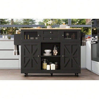 Kücheninsel, Esszimmerwagen mit Arbeitsplatte, Buffetschrank, Esszimmerwagen mit Holzmaserung, seitlicher Handtuchhalter, dreidimensionale Schranktüren mit Rollen, verstellbare Trennwände, Schwarz