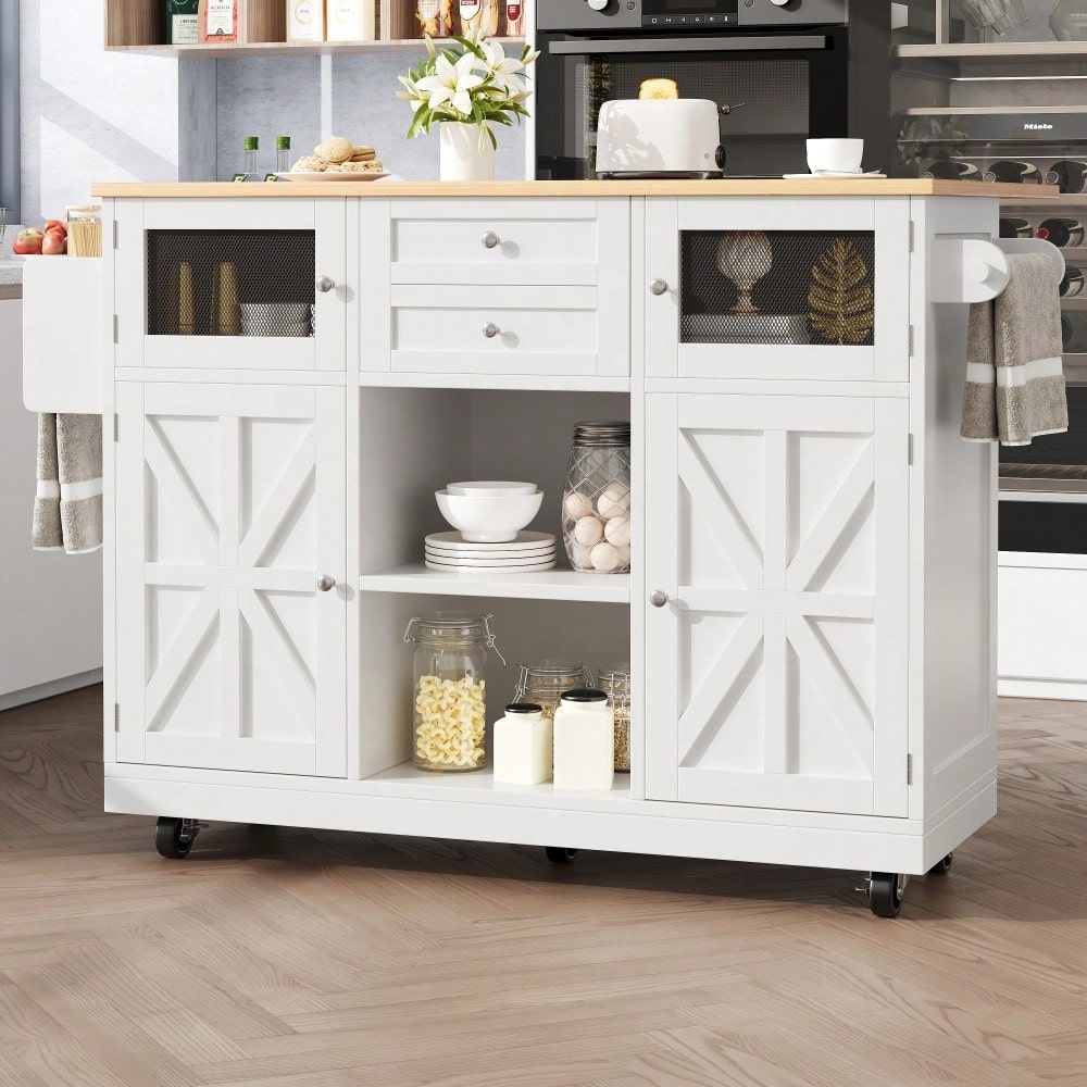 Kücheninsel, Esszimmerwagen mit Arbeitsplatte, Buffetschrank, Esszimmerwagen mit Holzmaserung, seitlicher Handtuchhalter, dreidimensionale Schranktüren mit Rollen, verstellbare Trennwände, weiß