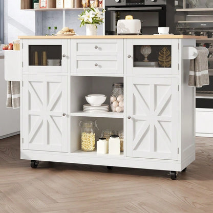 Kücheninsel, Esszimmerwagen mit Arbeitsplatte, Buffetschrank, Esszimmerwagen mit Holzmaserung, seitlicher Handtuchhalter, dreidimensionale Schranktüren mit Rollen, verstellbare Trennwände, weiß
