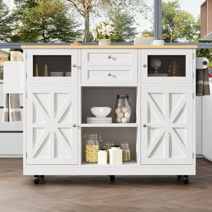 Kücheninsel, Esszimmerwagen mit Arbeitsplatte, Buffetschrank, Esszimmerwagen mit Holzmaserung, seitlicher Handtuchhalter, dreidimensionale Schranktüren mit Rollen, verstellbare Trennwände, weiß