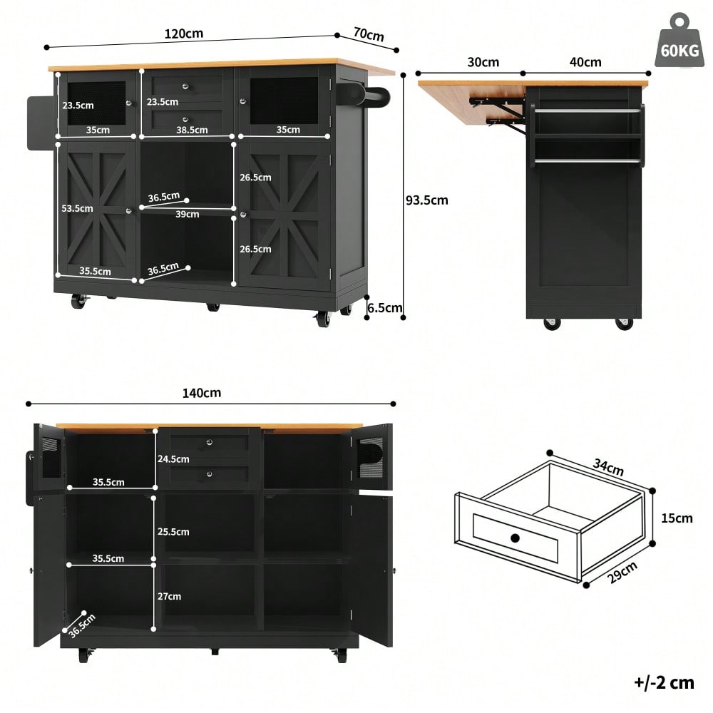 Kücheninsel, Esszimmerwagen mit Arbeitsplatte, Buffetschrank, Esszimmerwagen mit Holzmaserung, seitlicher Handtuchhalter, dreidimensionale Schranktüren mit Rollen, verstellbare Trennwände, Schwarz