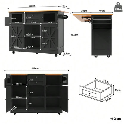 Kücheninsel, Esszimmerwagen mit Arbeitsplatte, Buffetschrank, Esszimmerwagen mit Holzmaserung, seitlicher Handtuchhalter, dreidimensionale Schranktüren mit Rollen, verstellbare Trennwände, Schwarz