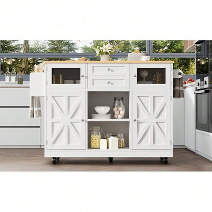 Kücheninsel, Esszimmerwagen mit Arbeitsplatte, Buffetschrank, Esszimmerwagen mit Holzmaserung, seitlicher Handtuchhalter, dreidimensionale Schranktüren mit Rollen, verstellbare Trennwände, weiß